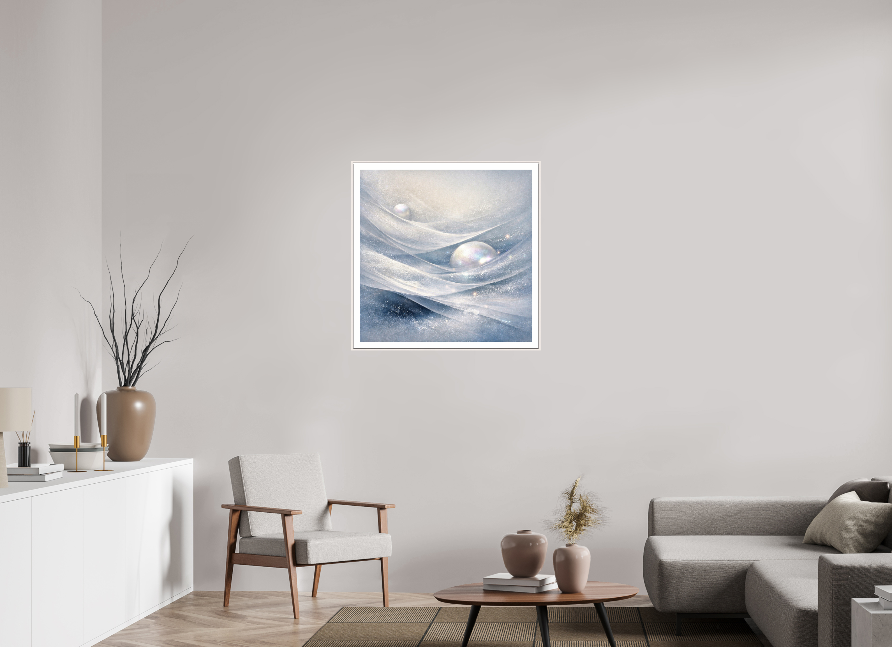 80 x 80 cm, Witte rand metallic photo print under acrylic glass met bijna witte lijst Silent Drift - Metallic Photo Print with Frame