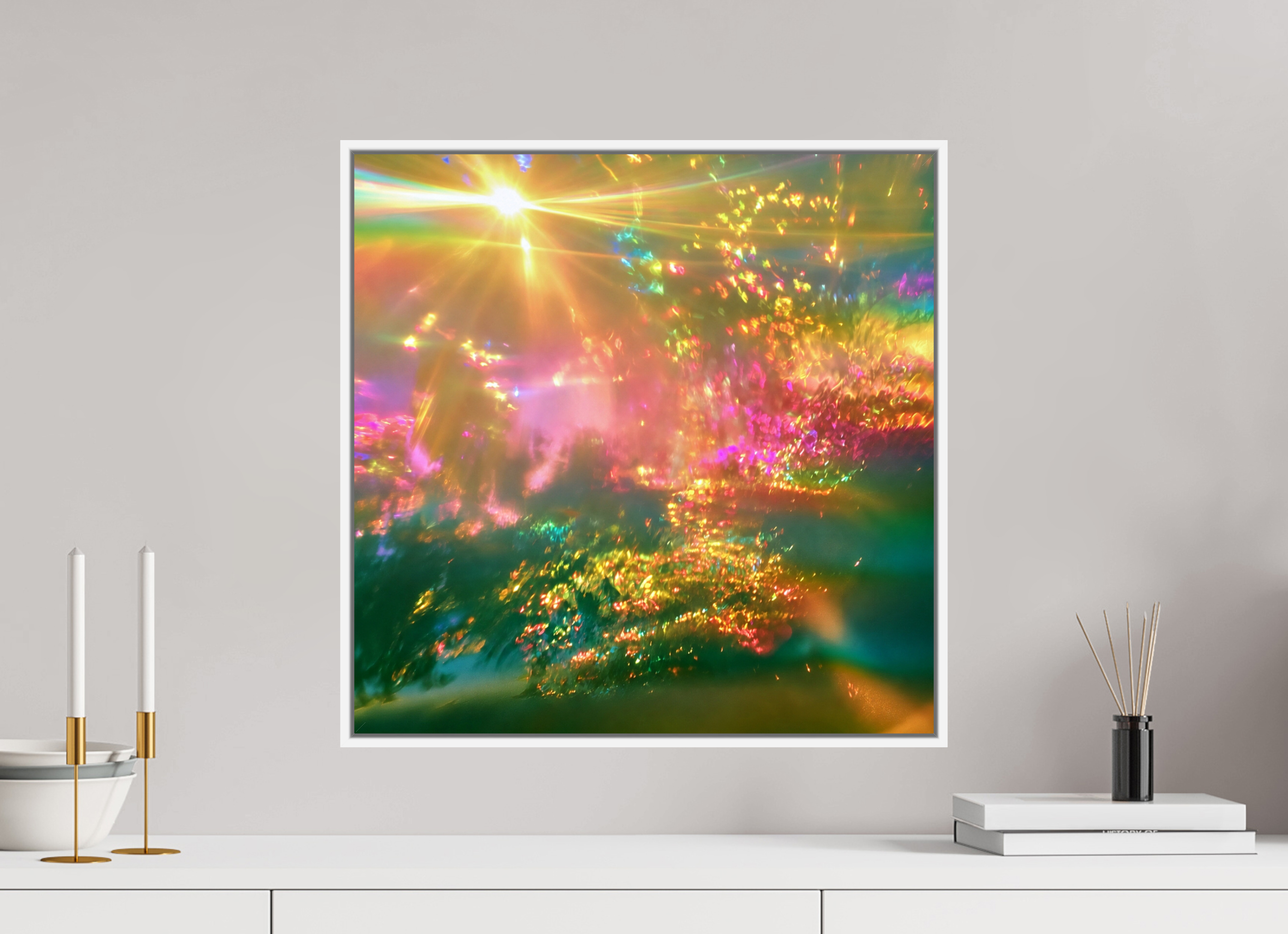 50 x 50 cm, chromaluxe hd metal print met frame voor stenen ZONREFLECTIES / 091 Zomerlicht — Gouden sluier PRINT