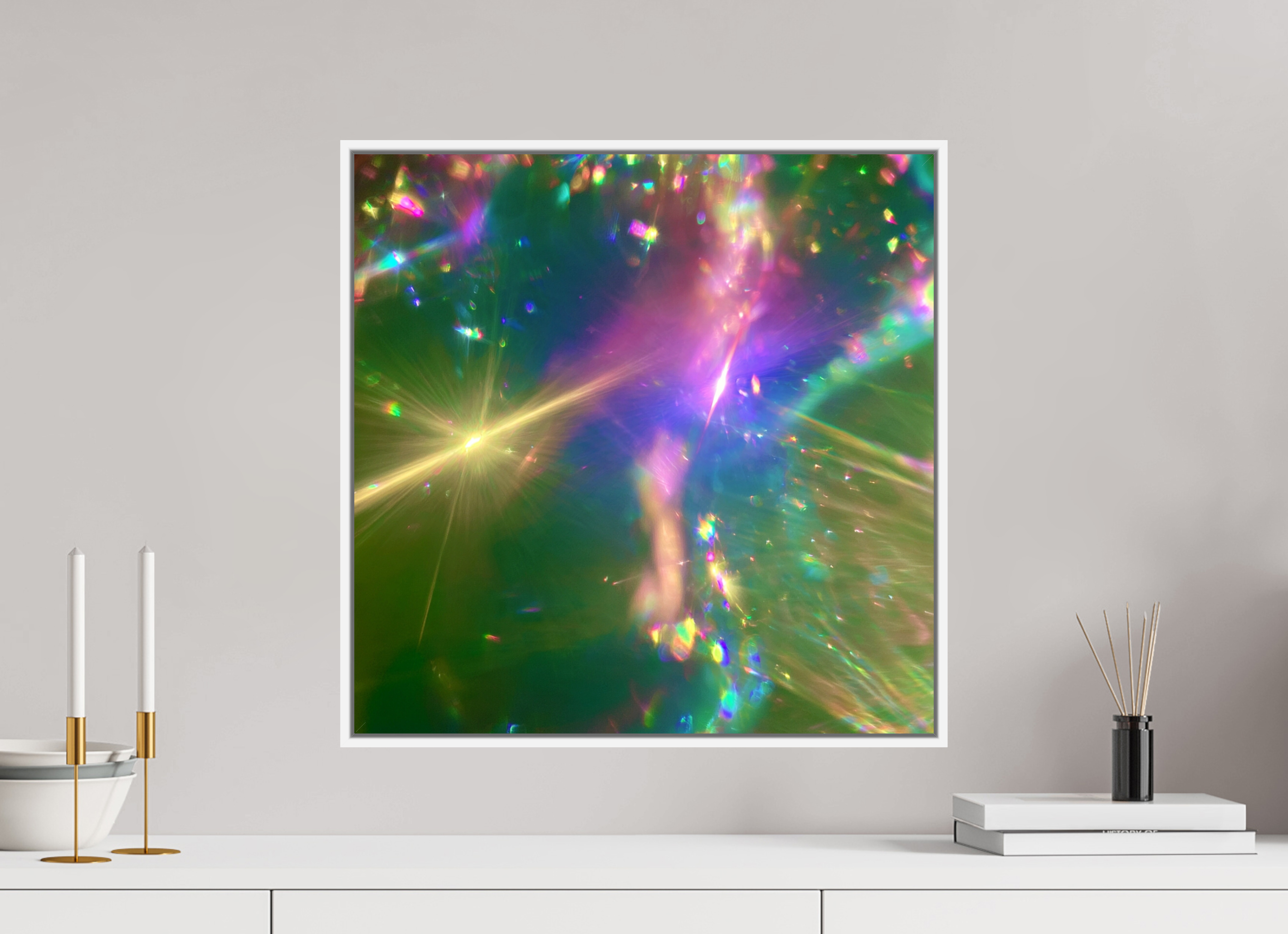 50 x 50 cm, chromaluxe hd metal print met frame voor stenen ZONREFLECTIES / 03 Zonnedans PRINT