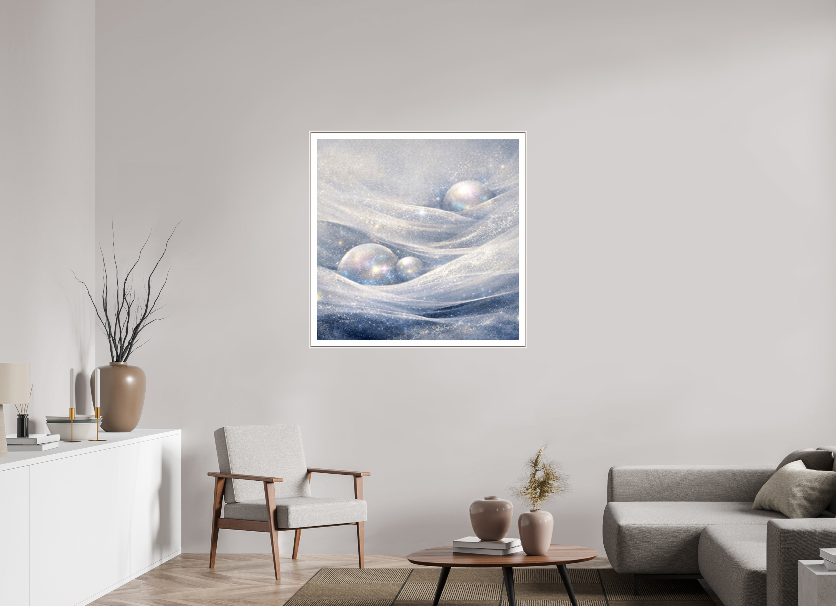 100 x 100 cm, Witte rand metallic photo print under acrylic glass met bijna witte lijst Pearl Snow - Metallic Photo Print with Frame
