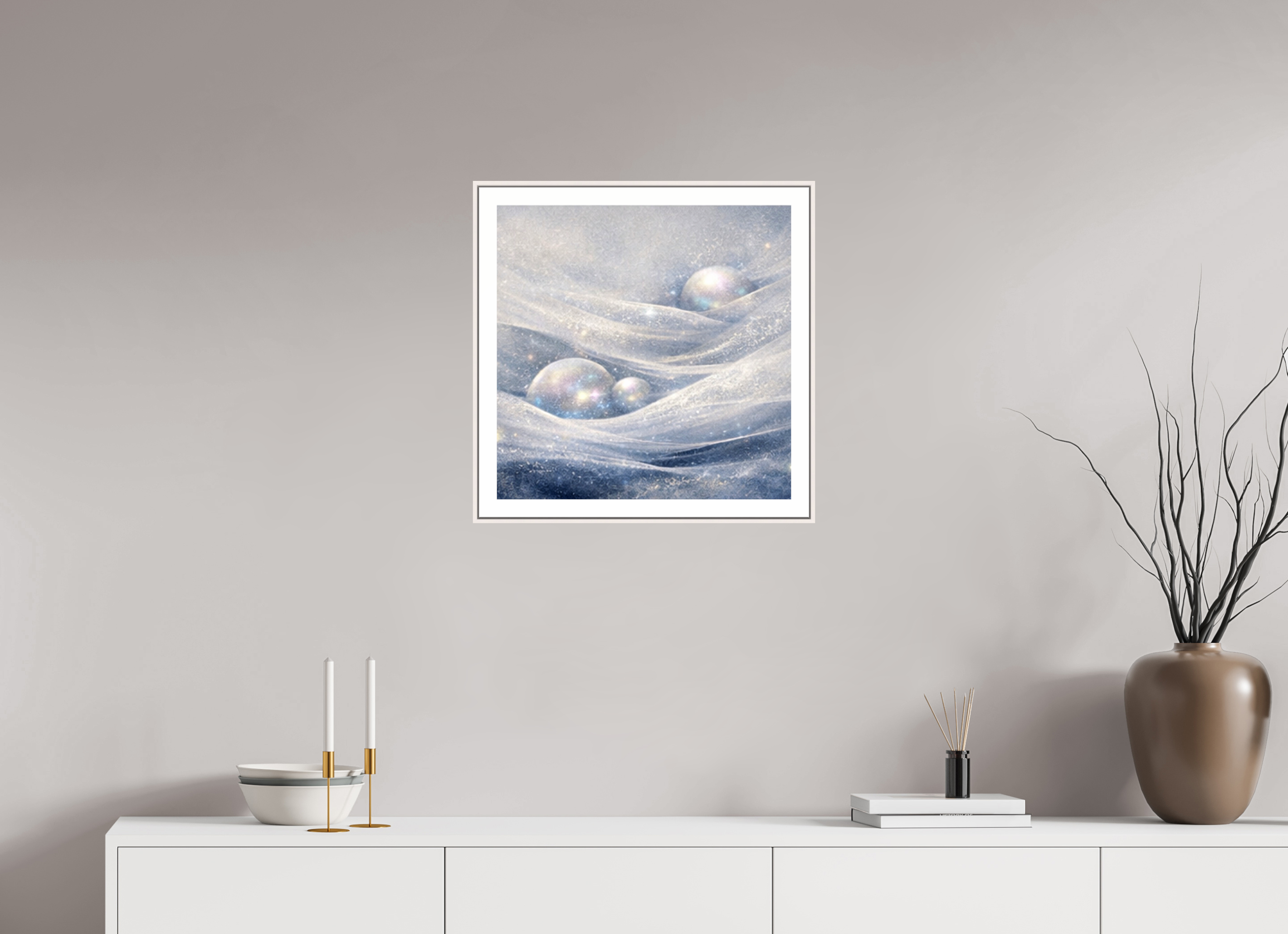 50 x 50 cm, Witte rand metallic photo print under acrylic glass met bijna witte lijst Pearl Snow - Metallic Photo Print with Frame