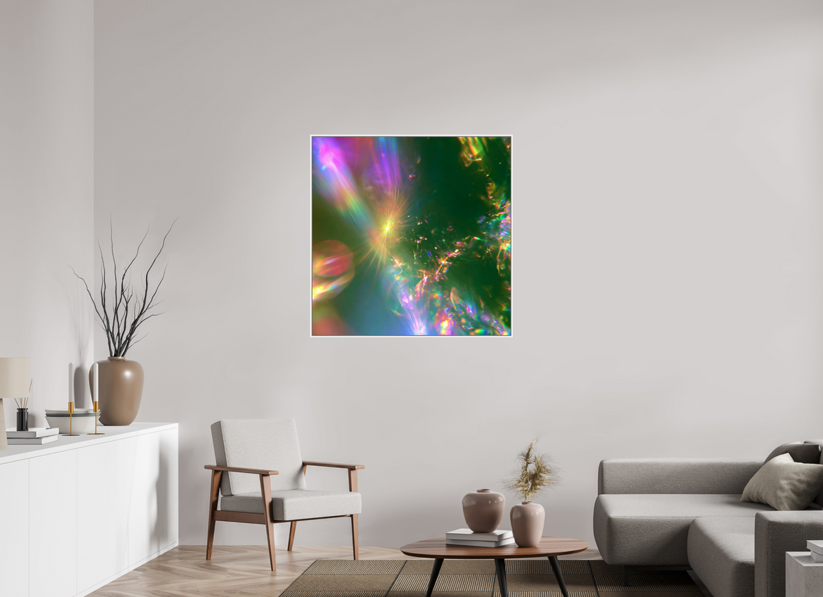 100 x 100 cm, chromaluxe hd metal print met frame voor stenen Zonreflecties 01 - Eerste gloed