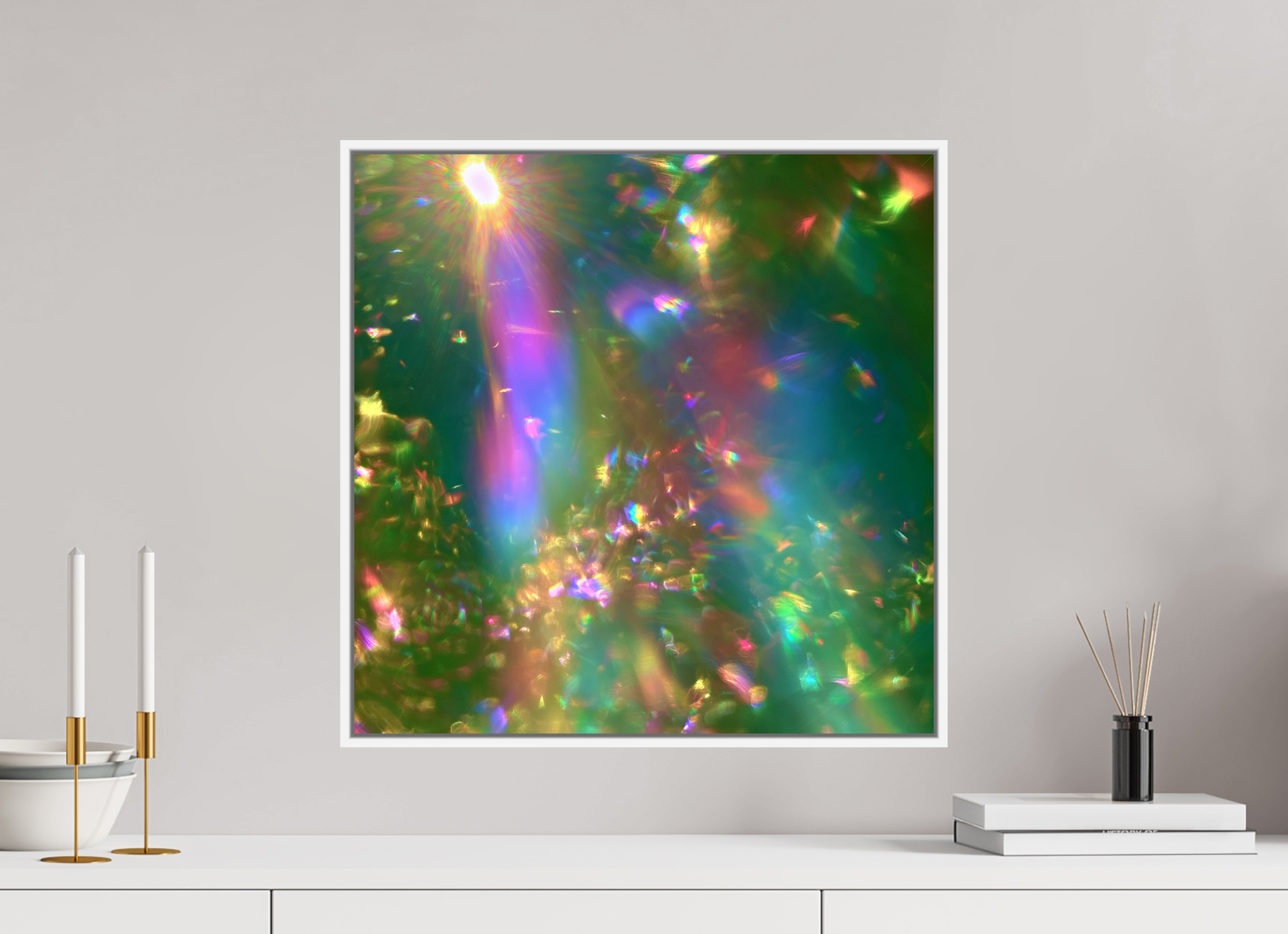 50 x 50 cm, chromaluxe hd metal print met frame voor stenen ZONREFLECTIES / 04 Lichtregen PRINT