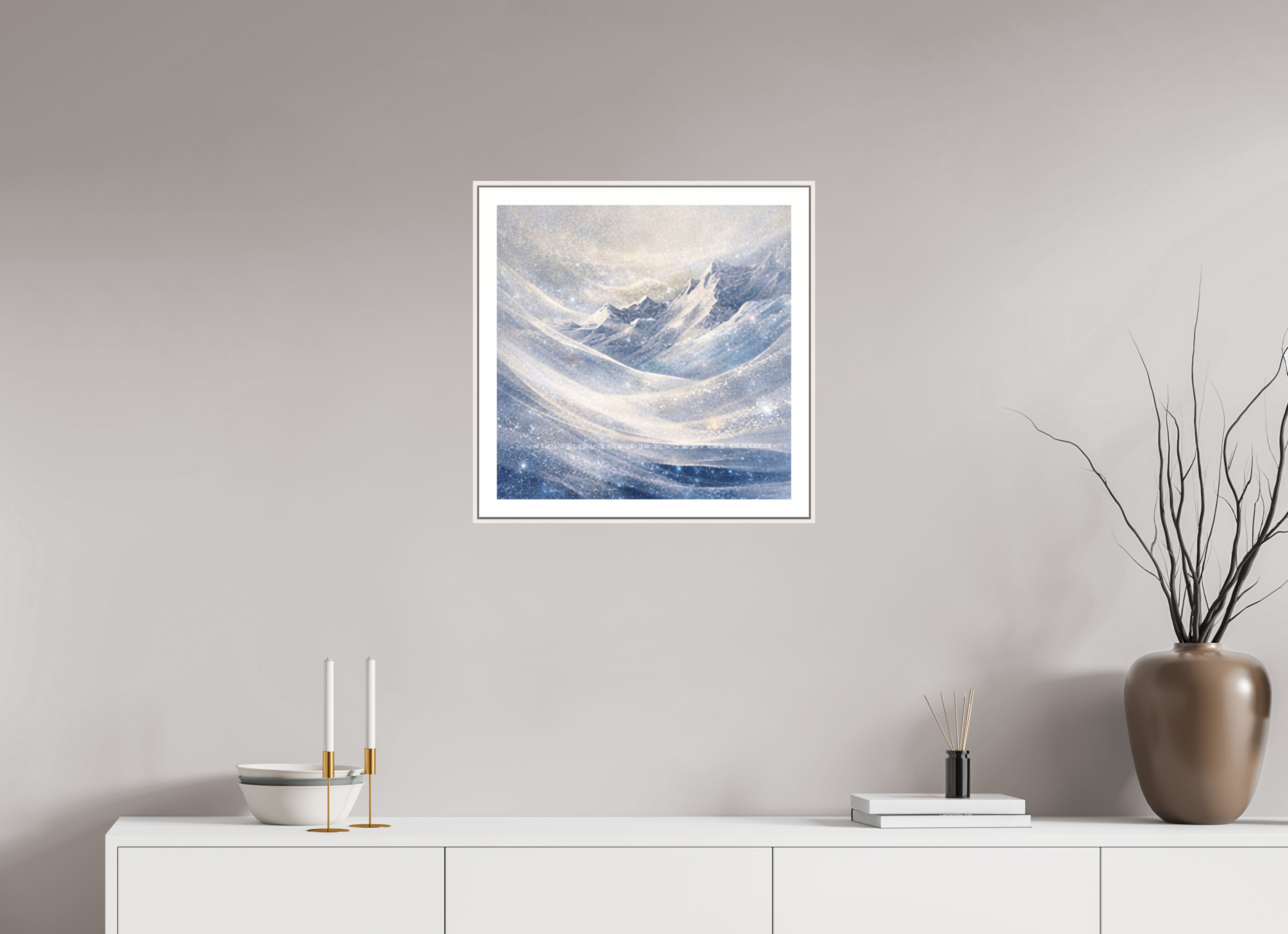 50 x 50 cm, Witte rand metallic photo print under acrylic glass met bijna witte lijst Frozen Horizon - Metallic Photo Print with Frame