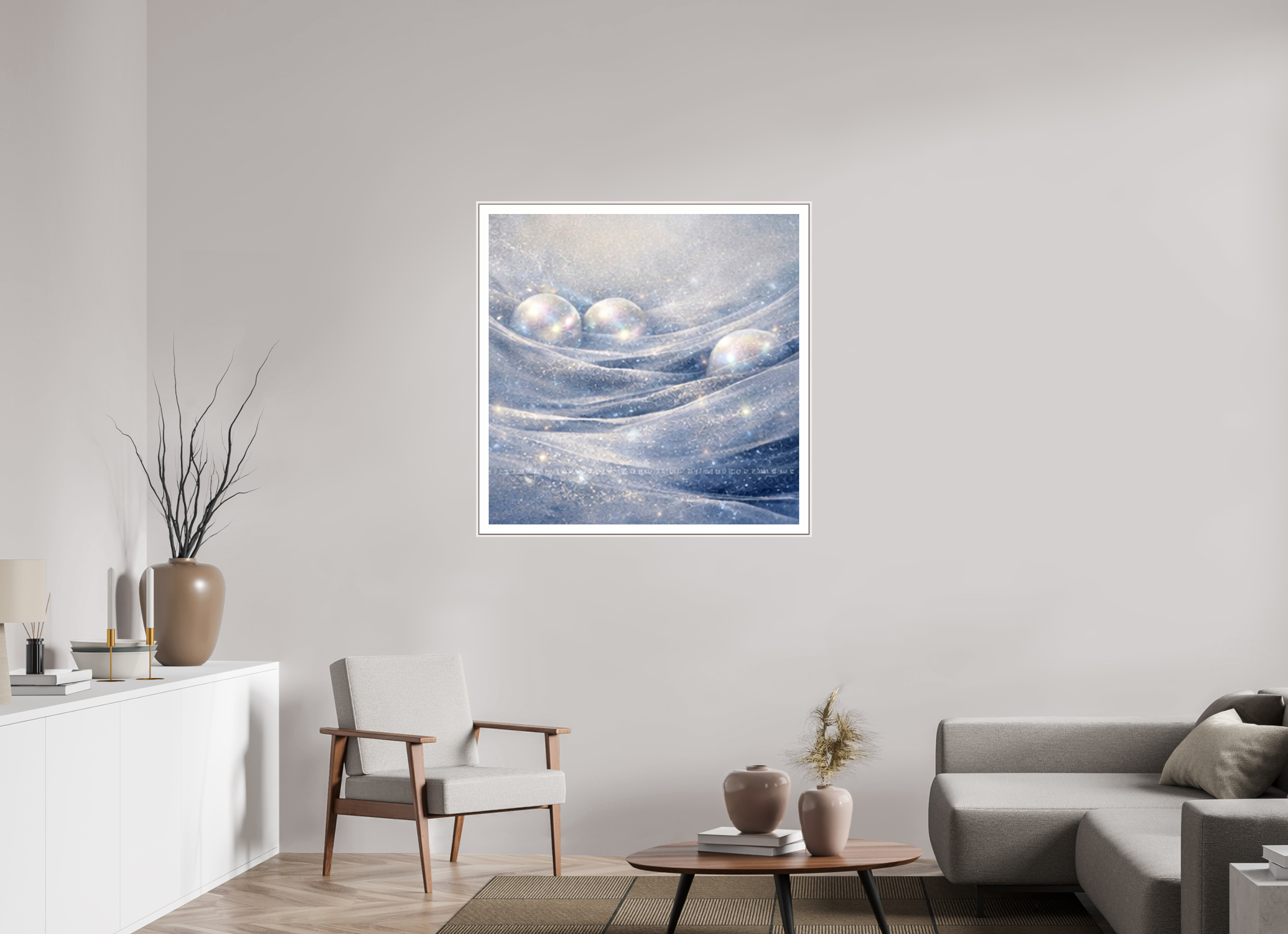 100 x 100 cm, Witte rand metallic photo print under acrylic glass met bijna witte lijst Pearls of ice - Metallic Photo Print with Frame