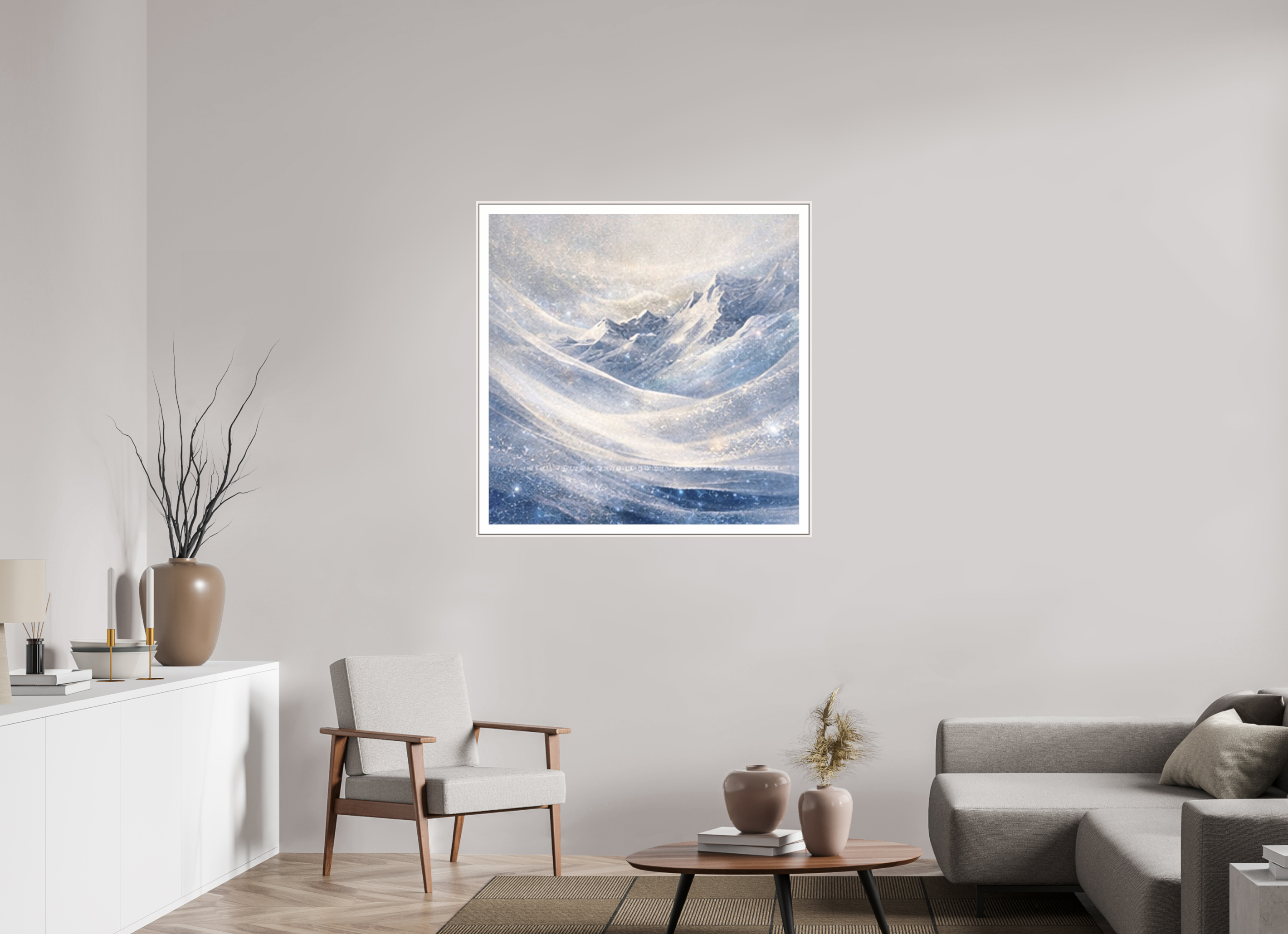 100 x 100 cm, Witte rand metallic photo print under acrylic glass met bijna witte lijst Frozen Horizon - Metallic Photo Print with Frame