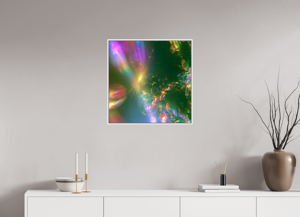 60 x 60 cm, chromaluxe hd metal print met frame voor stenen Zonreflecties 01 - Eerste gloed