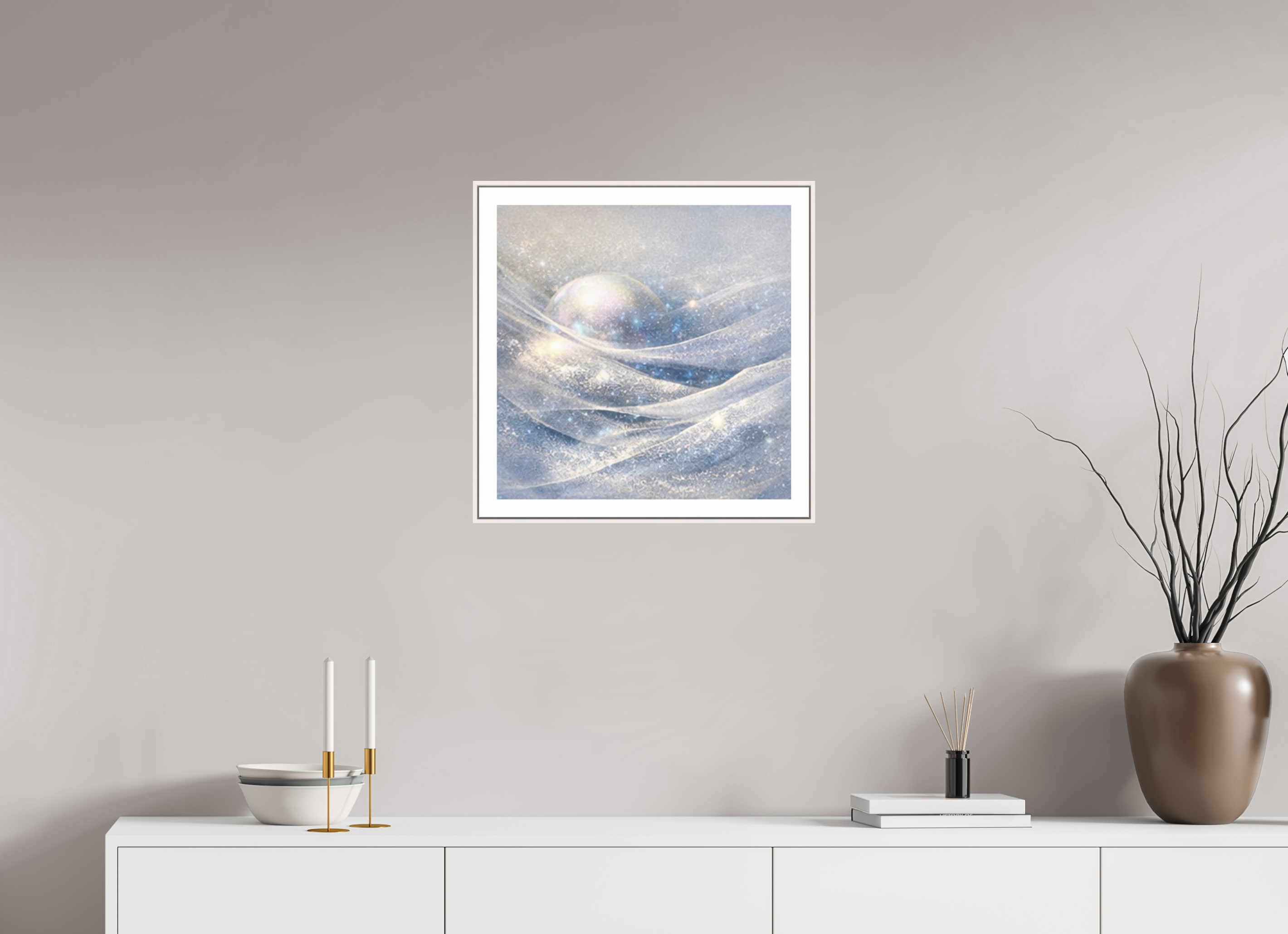 50 x 50 cm, Witte rand metallic photo print under acrylic glass met bijna witte lijst Glacial Blue
