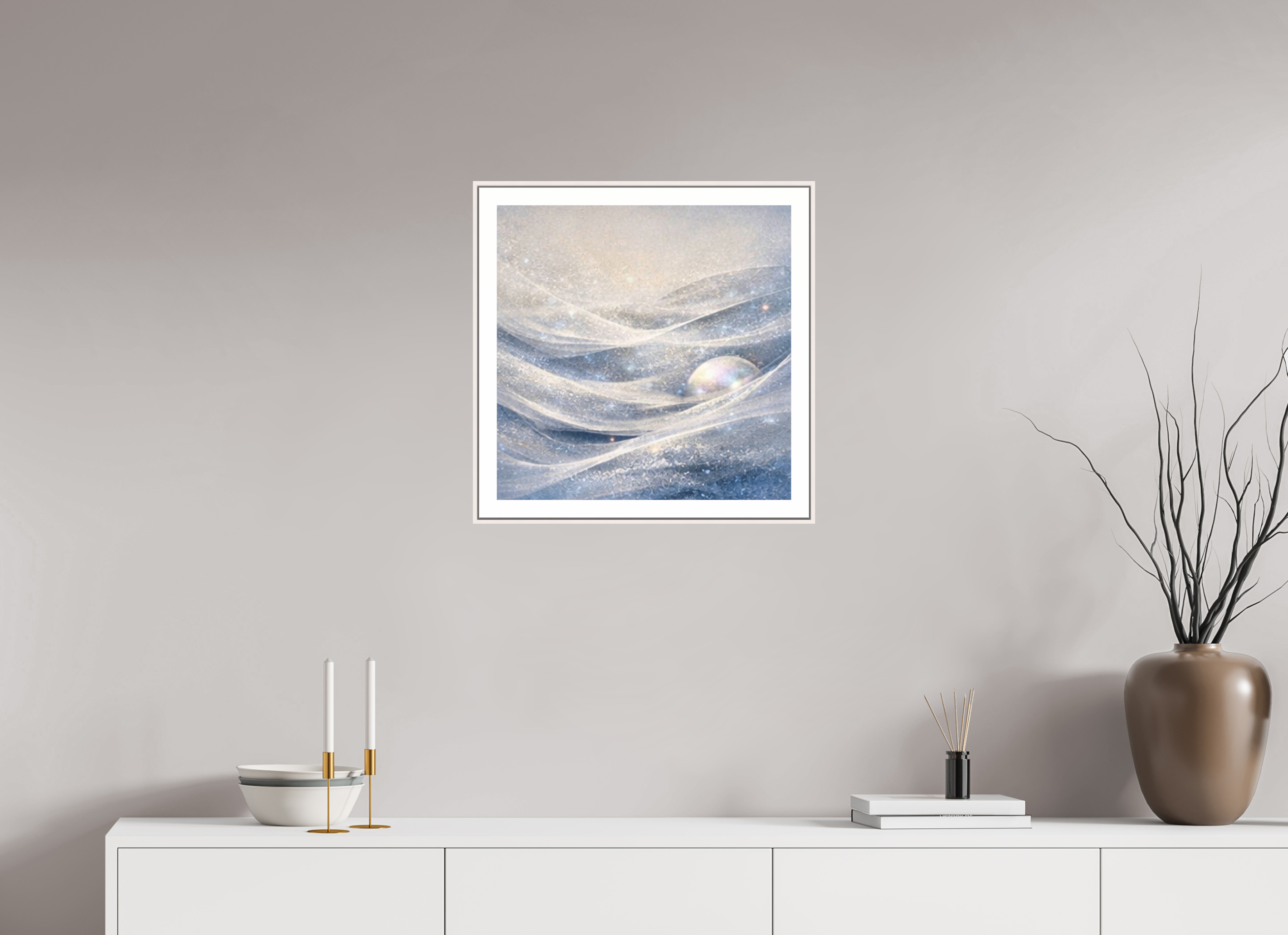 50 x 50 cm, Witte rand metallic photo print under acrylic glass met bijna witte lijst Solo Glacial Drift - Metallic Photo Print with Frame