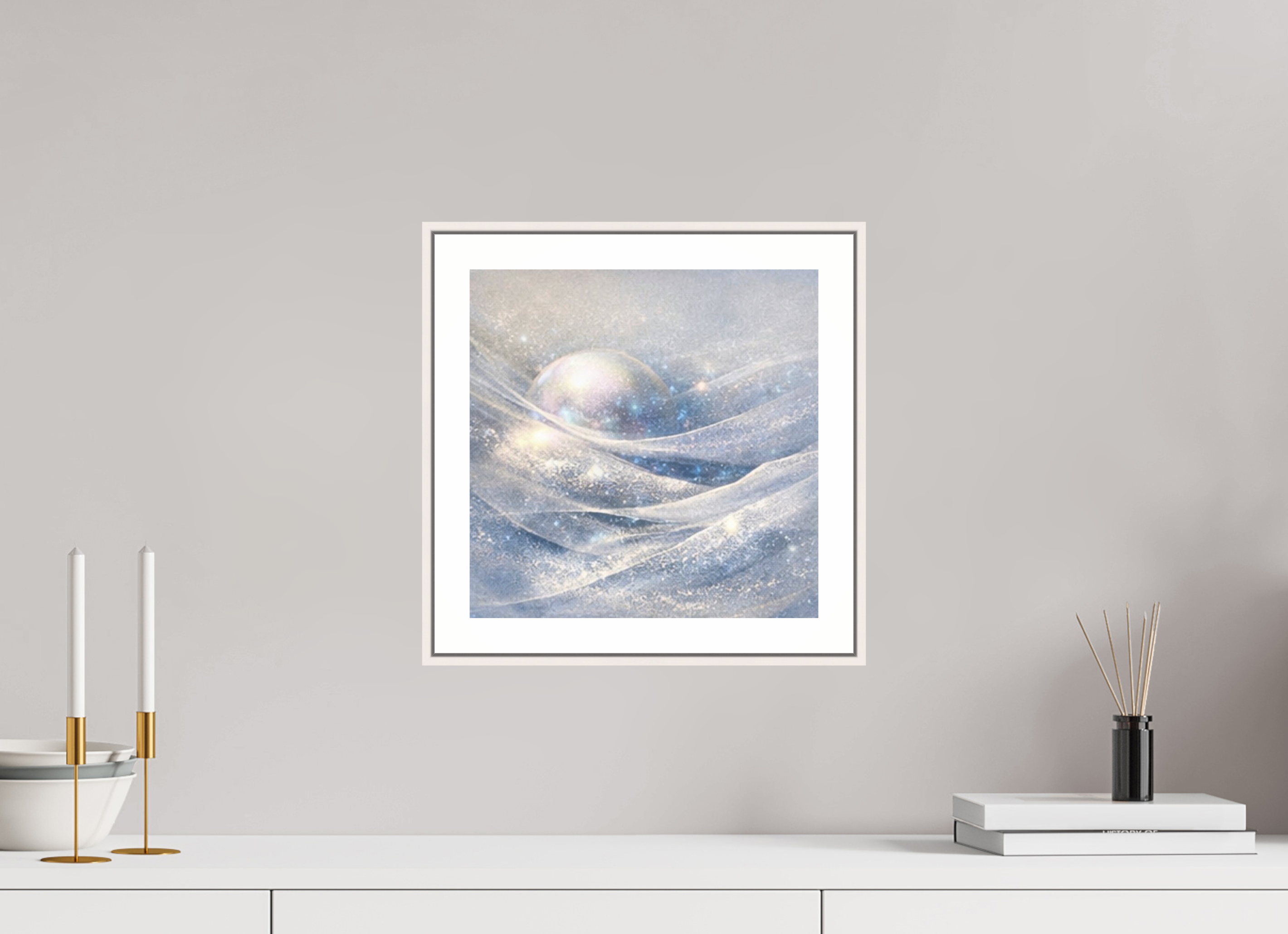 30 x 30 cm, Witte rand metallic photo print under acrylic glass met bijna witte lijst Glacial Blue