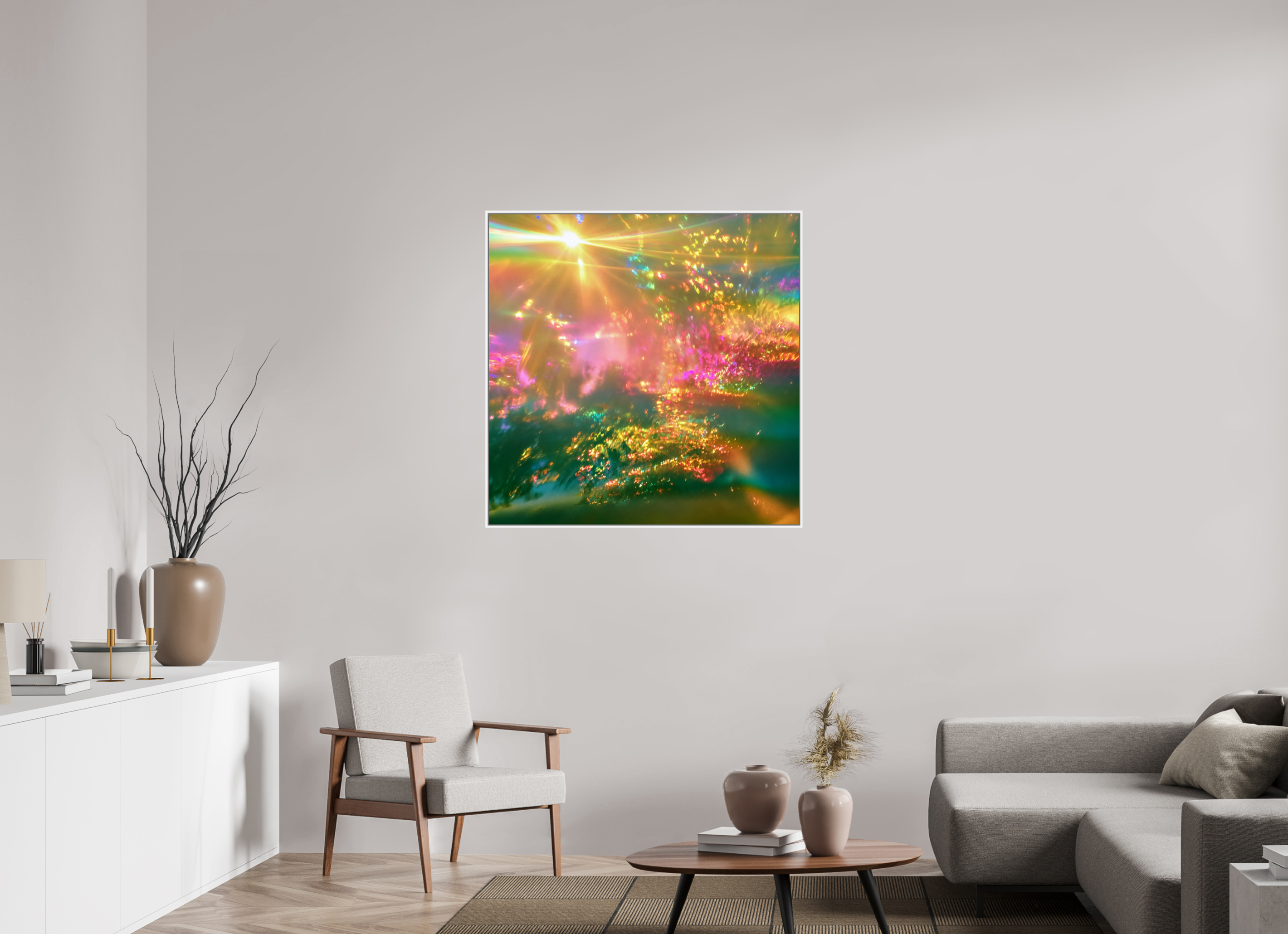 100 x 100 cm, chromaluxe hd metal print met frame voor stenen ZONREFLECTIES / 091 Zomerlicht — Gouden sluier PRINT