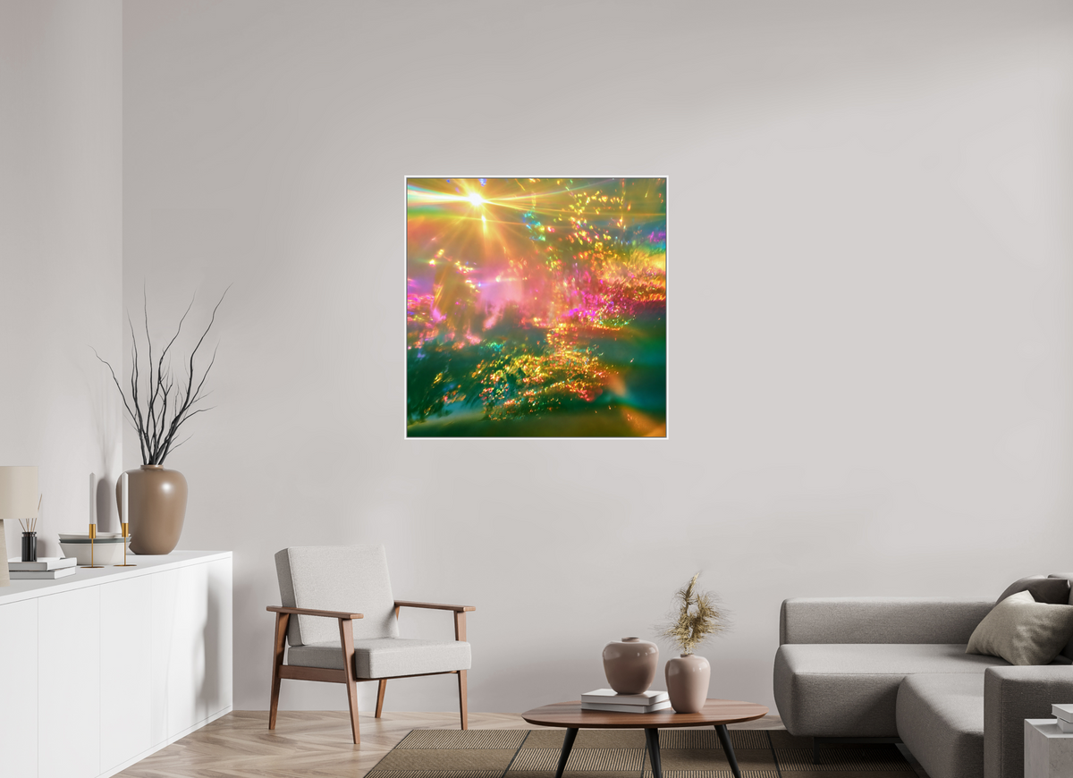 100 x 100 cm, chromaluxe hd metal print met frame voor stenen ZONREFLECTIES / 091 Zomerlicht — Gouden sluier PRINT