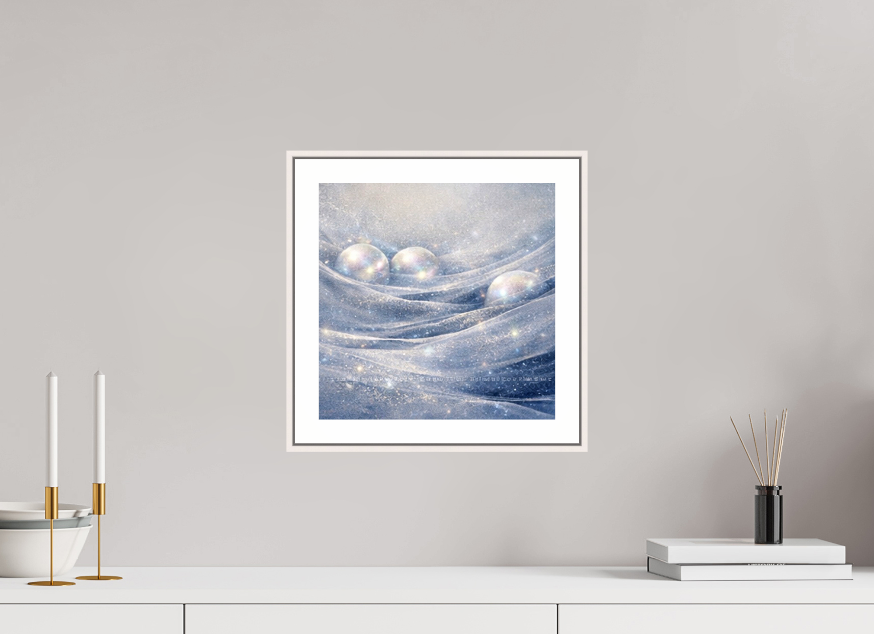30 x 30 cm, Witte rand metallic photo print under acrylic glass met bijna witte lijst Pearls of ice - Metallic Photo Print with Frame