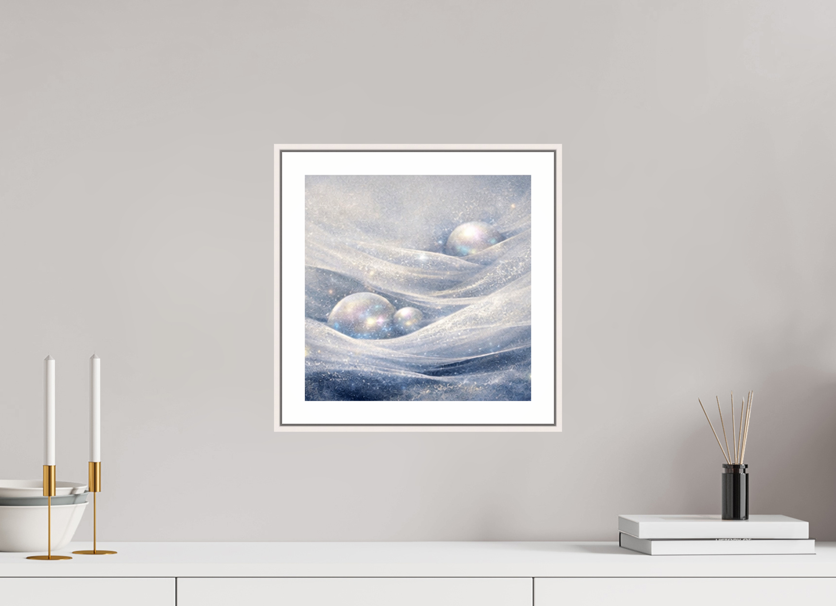 30 x 30 cm, Witte rand metallic photo print under acrylic glass met bijna witte lijst Pearl Snow - Metallic Photo Print with Frame