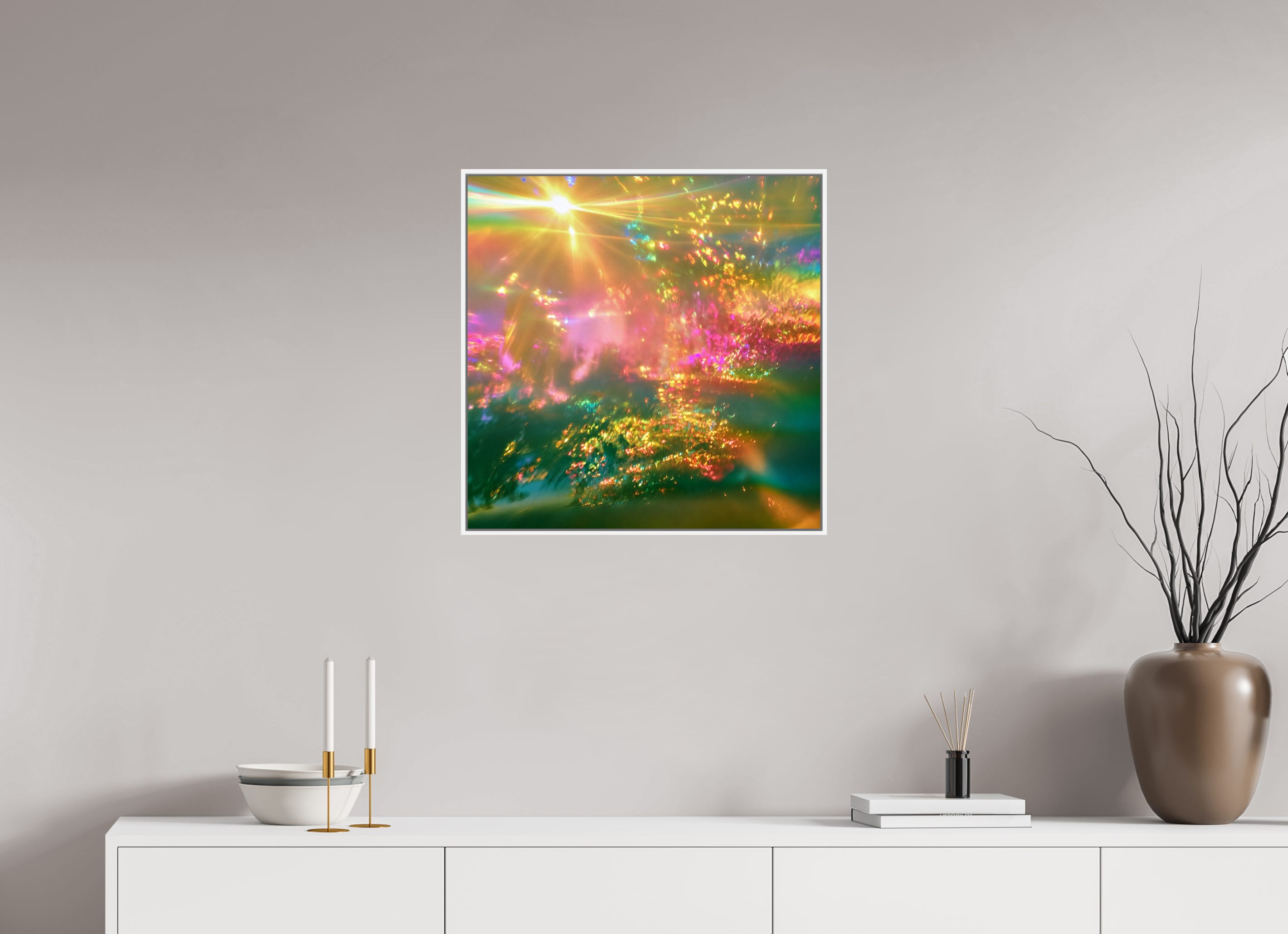 60 x 60 cm, chromaluxe hd metal print met frame voor stenen ZONREFLECTIES / 091 Zomerlicht — Gouden sluier PRINT