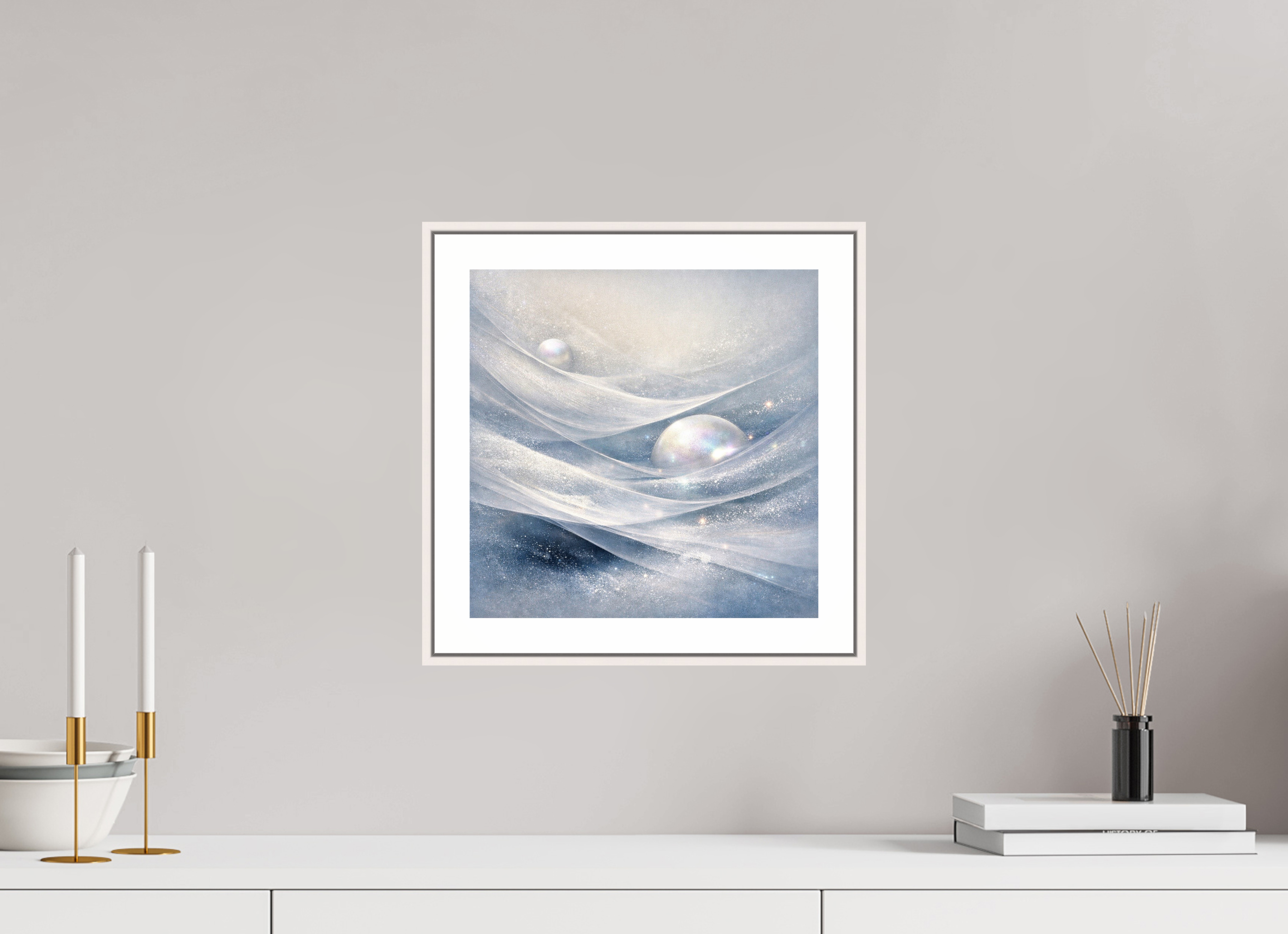 30 x 30 cm, Witte rand metallic photo print under acrylic glass met bijna witte lijst Silent Drift - Metallic Photo Print with Frame