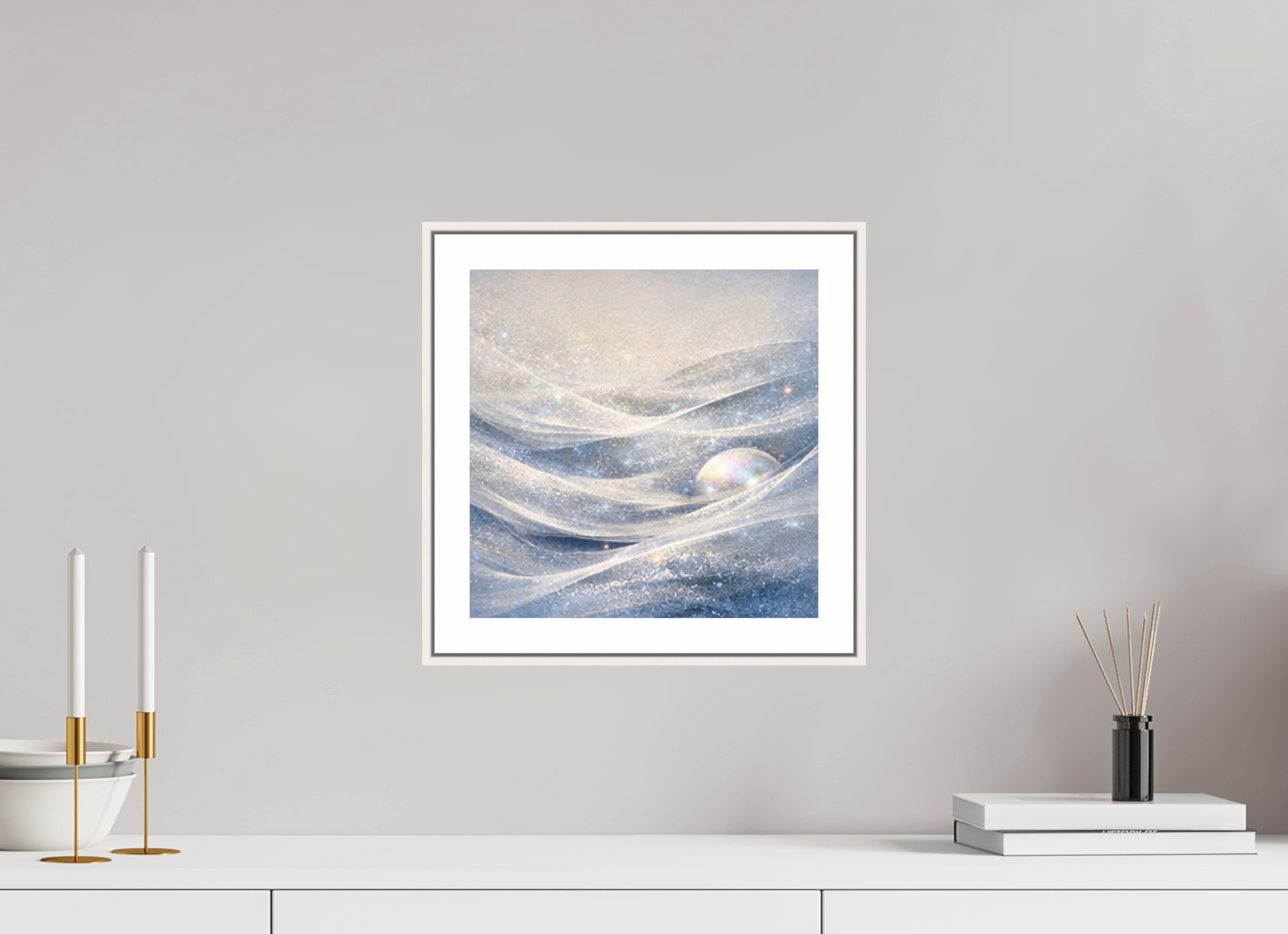 30 x 30 cm, Witte rand metallic photo print under acrylic glass met bijna witte lijst Solo Glacial Drift - Metallic Photo Print with Frame