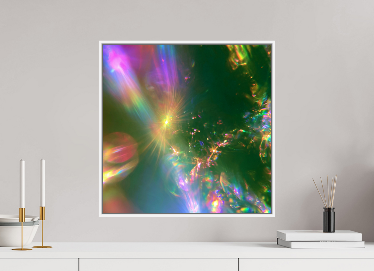 50 x 50 cm, chromaluxe hd metal print met frame voor stenen Zonreflecties 01 - Eerste gloed