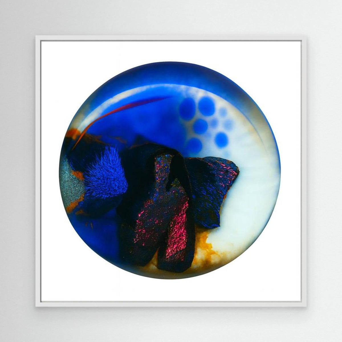Deep Blue Oracle: canvasprint met witte lijst en diepblauwe en lichte organische vormen